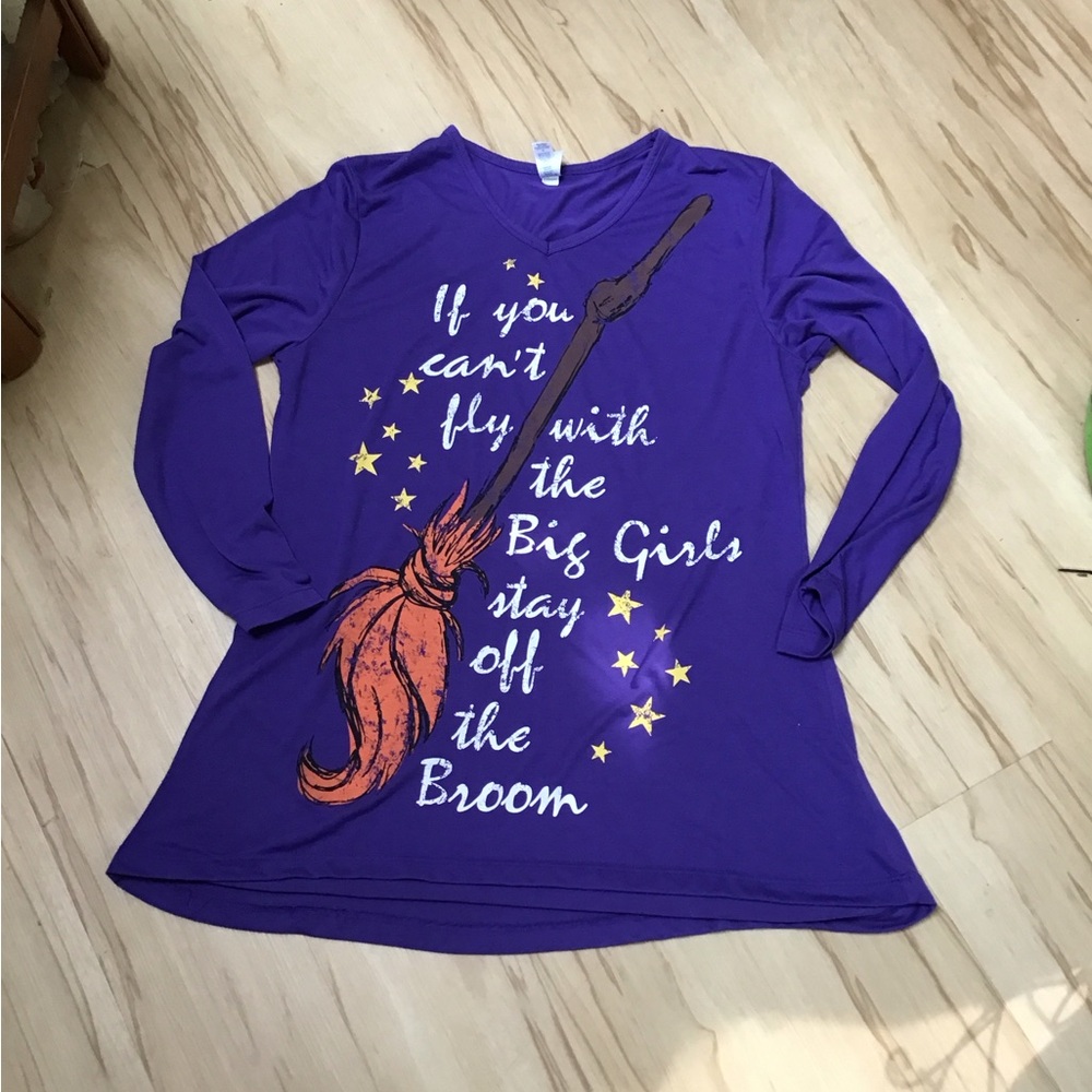 Mac & Belle Purple Funny Halloween Witch Broom Stars Long Sleeve V Neck Tee XL